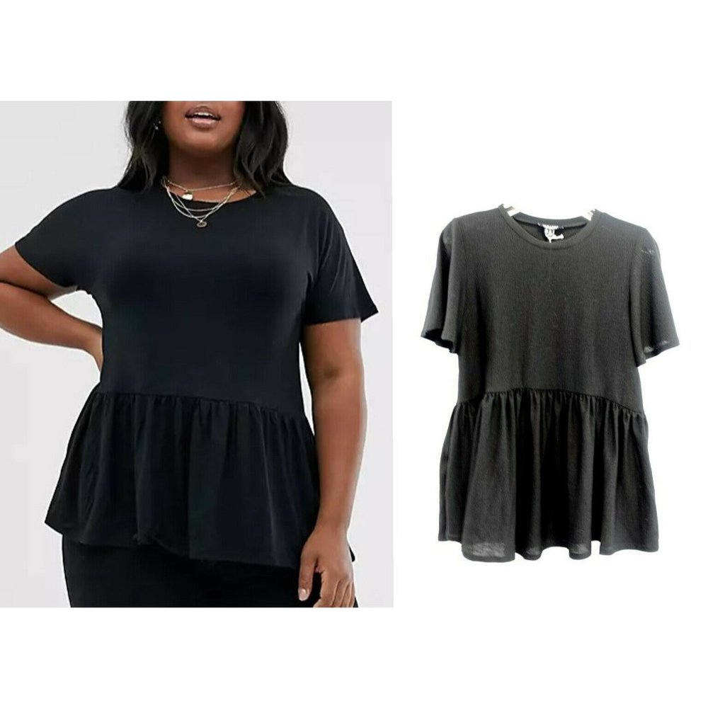 New Look Maternity Womens 4 Small Black Ruffle Peplum Blouse Short Sleeve Top